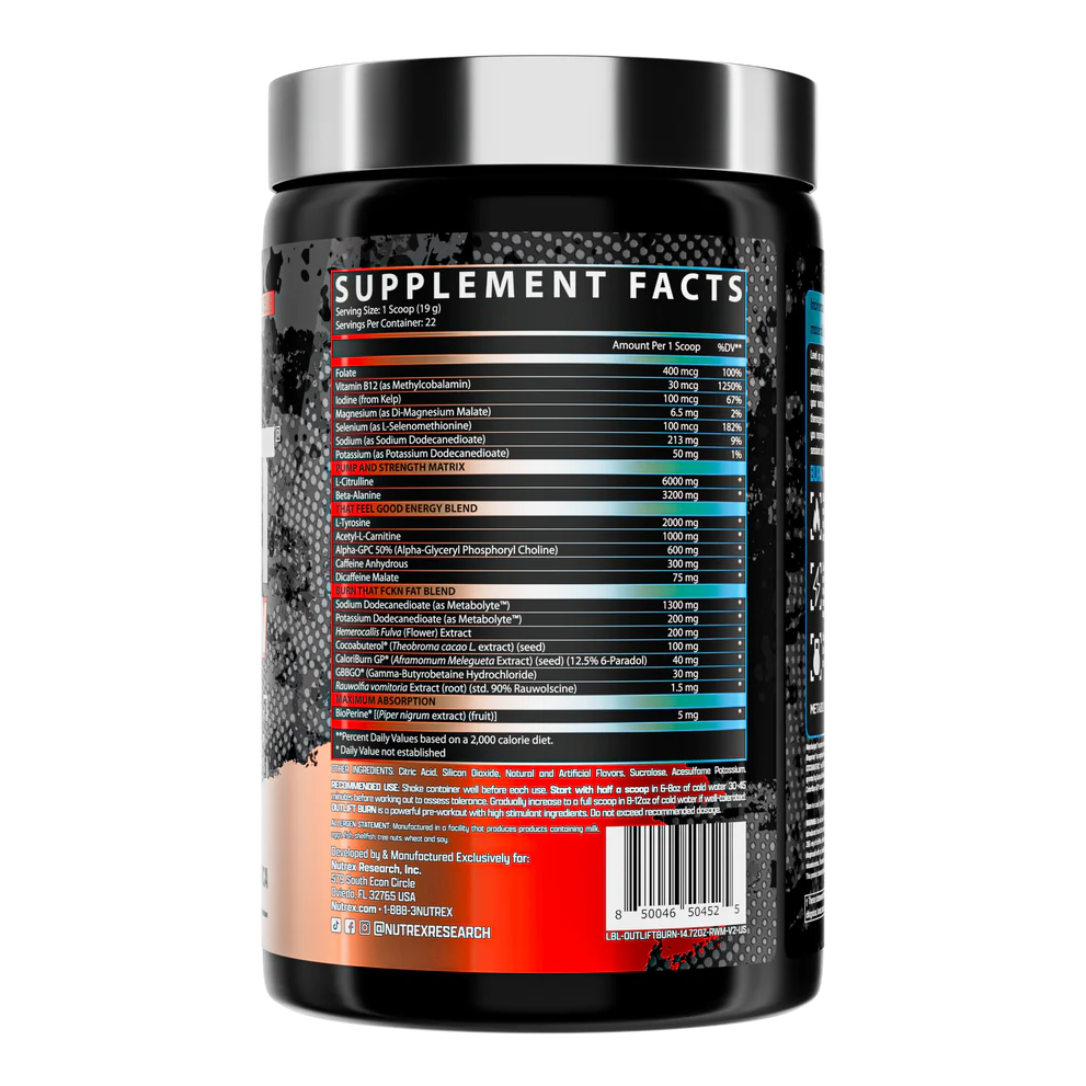 NUTREX RESEARCH OUTLIFT BURN PRE-WORKOUT 22 SERVINGS - Image 2