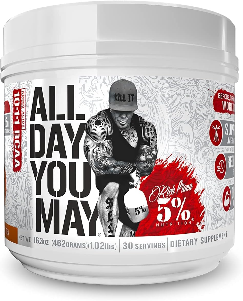 Rich Piana 5% Nutrition Rich Piana AllDayYouMay BCAA Powder | Premium Intra & Post Workout Amino Acids, Hydration, Endurance, Muscle Recovery, Joint & Liver Support | 16.3 oz, 30 Servings