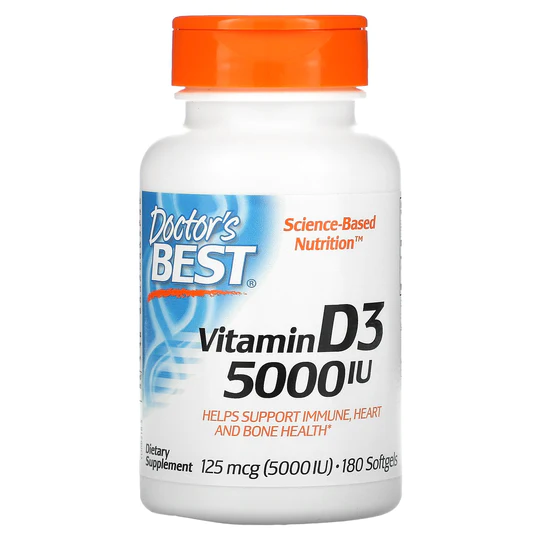 doctorsbest-d3-1.webp Doctor's Best Vitamin D3, 125 mcg (5,000 IU), 180 Softgels - Image 1