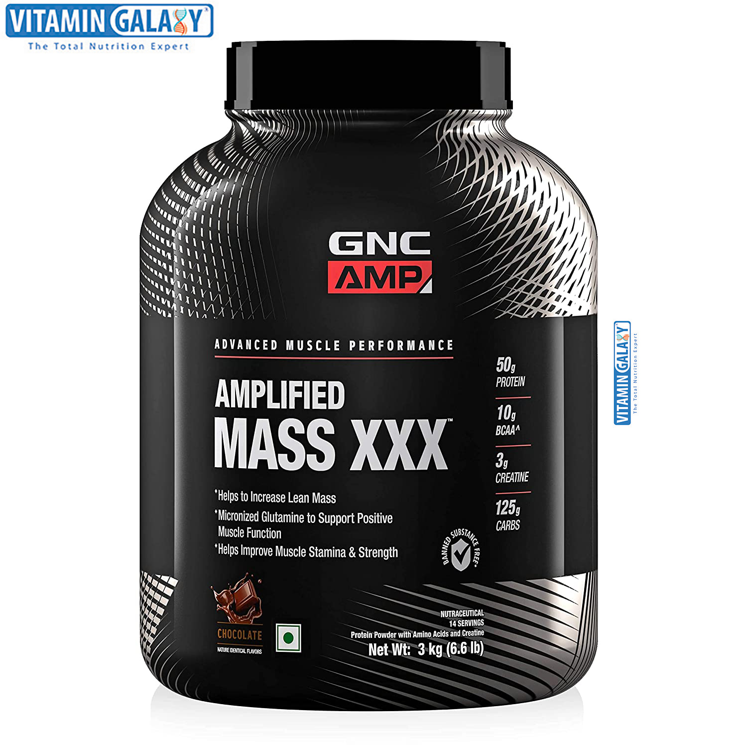 GNC AMP Amplified Mass XXX- 50g Protein, 10g BCAA, 3g Creatine, 125g Carbs - 6.6 lbs, 3 kg