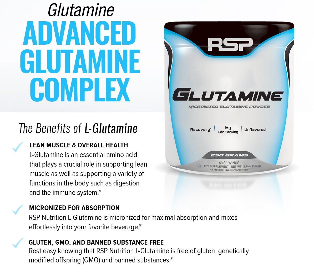 RSP Nutrition Glutamine, Pure Micronized Glutamine Powder for Recovery - 250 grams